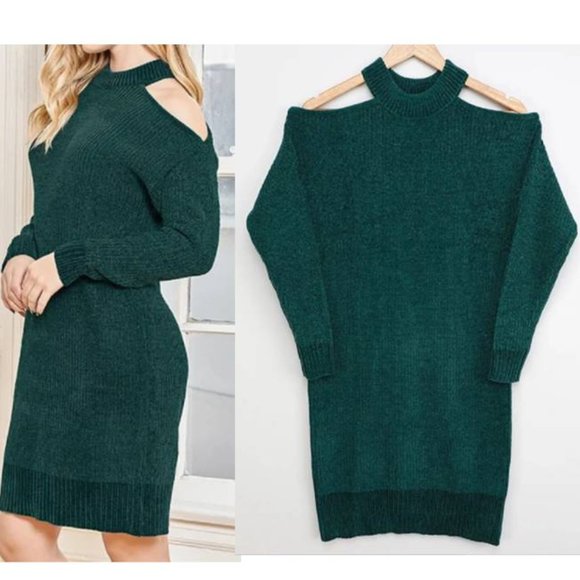 Lulus Emerald Green Cold Shoulder Sweater Dress - Picture 4 of 5
